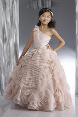 Organza Flower Girl Dresses One Shoulder Bow Beading Lovely Tiered Ball Gown Pink Pageant Dress