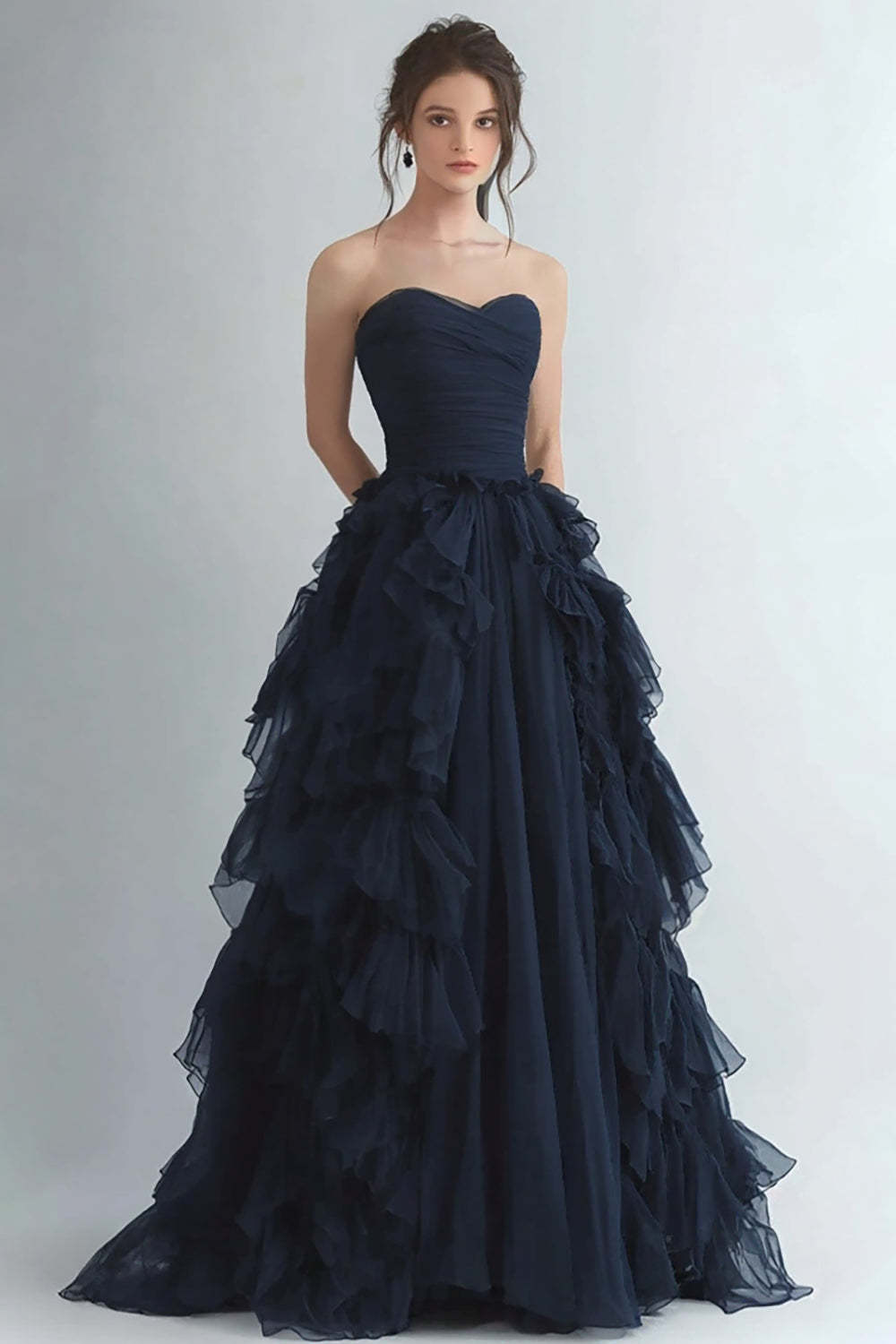 knee length dresses for ladies Suzhoufashion Organza Navy Wedding Guest Dress Strapless A Line Formal Dress with Ruffles