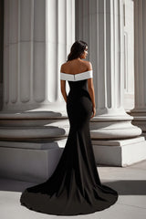 Suzhoufashion White Mermaid Off The Shoulder Long Satin Black Tie Dress