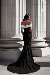 Suzhoufashion White Mermaid Off The Shoulder Long Satin Black Tie Dress