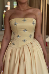 Pale Yellow Satin A Line Prom Dress with Crystal Flower Bodice