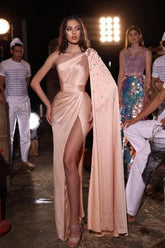 Peach One Shoulder Prom Dress Satin Floor Length Formal Dress With Slit