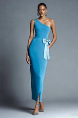 Suzhoufashion Peacock Blue Bodycon One Shoulder Long Prom Dress With Bow