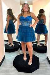 Peacock Blue Homecoming Dresses Corset Ruffled Short Cocktail Dresses