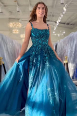 Peacock Blue Prom Dress A Line Appliqued Tulle Long Formal Dress With Slit