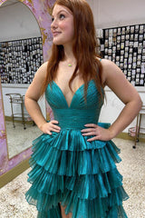Peacock Green Prom Dress A Line High-Low Ruffled Long Formal Dress