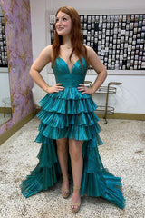 Peacock Green Prom Dress A Line High-Low Ruffled Long Formal Dress