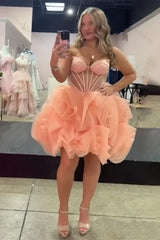 Pink A Line Homecoming Dresses Floral Corset Strapless Short Cocktail Dresses