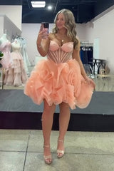 Pink A Line Homecoming Dresses Floral Corset Strapless Short Cocktail Dresses