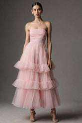 Suzhoufashion Pink A Line Organza Strapless Ruffled Long Prom Dress