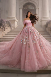 Pink Ball Gown Prom Dress with Pleated Off Shoulder Neckline and Train