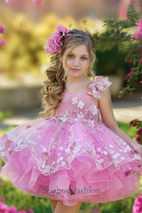 Pink Ball Gown Tulle Princess Flower Girl Dress with 3D Flowers
