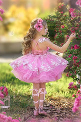 Pink Ball Gown Tulle Princess Flower Girl Dress with 3D Flowers