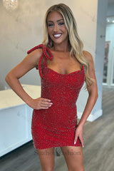 Pink Beaded Tight Homecoming Dresses Short Cocktail Dresses With Bow