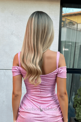 Pink Cold Shoulder Homecoming Dress Sequined Cocktail Dress with Panel Train