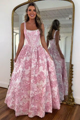 Pink Floral Corset Ball Gown Prom Dress With Pearl Beaded Straps Formal Evening Gown