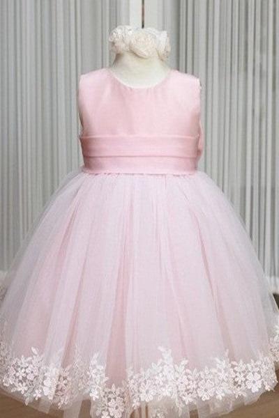 Pink Flower Girl Dresses Jewel Bow Sash Lace Appliques Lovely Tulle A Line Pageant Dress