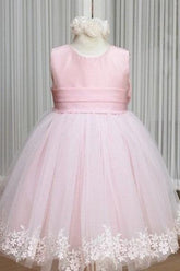 Pink Flower Girl Dresses Jewel Bow Sash Lace Appliques Lovely Tulle A Line Pageant Dress