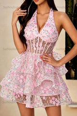 Pink Halter Deep V Corset Mini Homecoming Dress 3D Flowers & Tiered Sequin Tulle