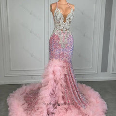 Pink Halter Mermaid Prom Dress Ruffled Sequin Formal Dress with Beadings