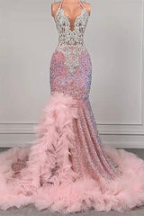 Pink Halter Mermaid Prom Dress Ruffled Sequin Formal Dress with Beadings