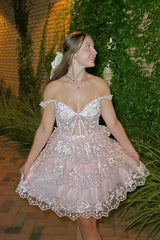 Pink Homecoming Dresses A-Line Off the Shoulder Tiered Short Cocktail Dresses