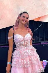 Pink Homecoming Dresses A-Line Off the Shoulder Tiered Short Cocktail Dresses