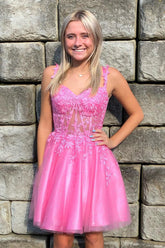 Pink Homecoming Dresses Backless Short Cocktail Dress with Appliques
