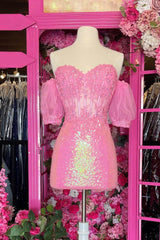 Pink Homecoming Dresses Corset Detachable Short Sleeves Sequin Tight Short Cocktail Dresses with Lace