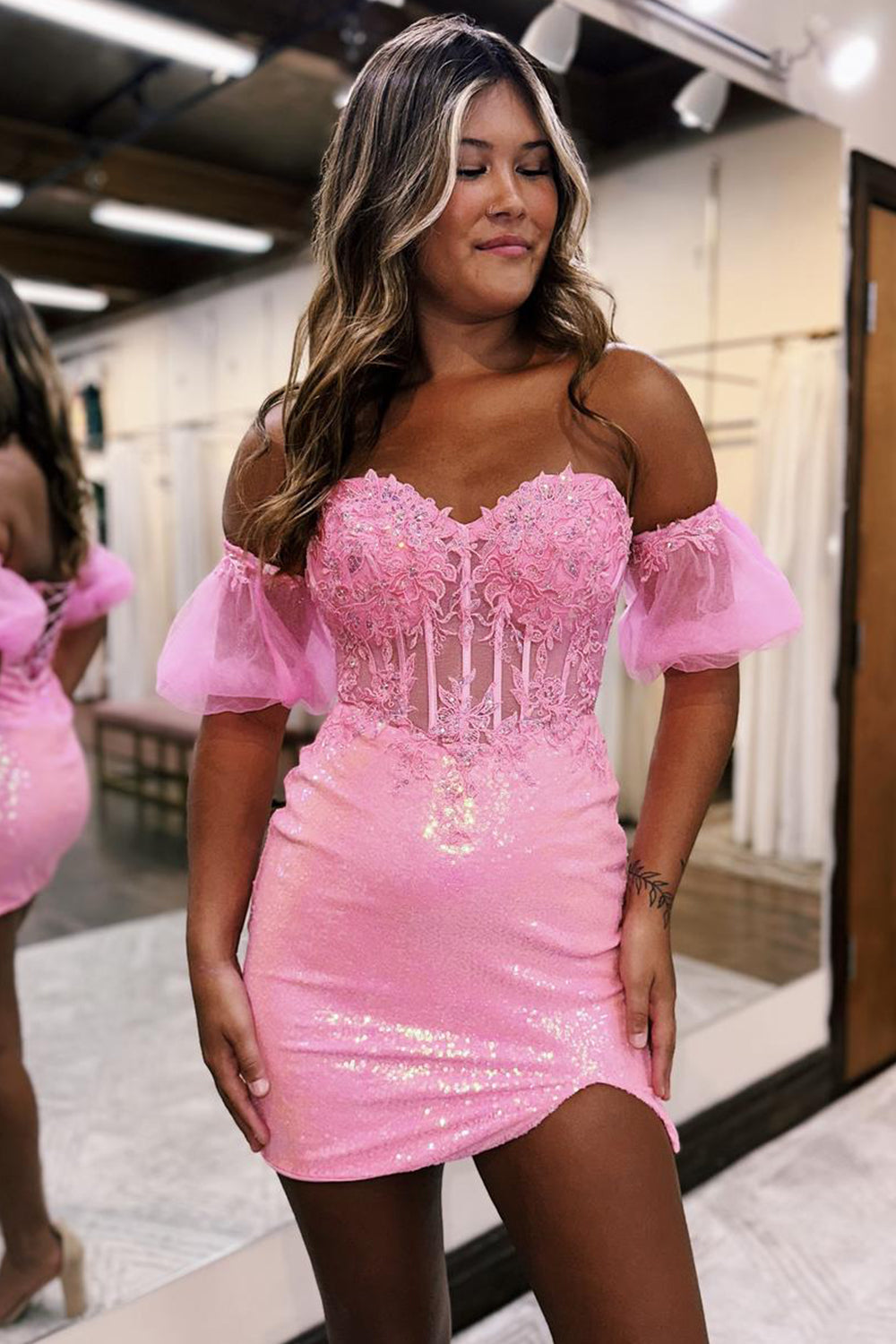 Pink Homecoming Dresses Corset Detachable Short Sleeves Sequin Tight Short Cocktail Dresses with Lace
