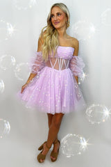 Pink Homecoming Dresses Corset Detachable Sleeves A-Line Tulle Prom Dress