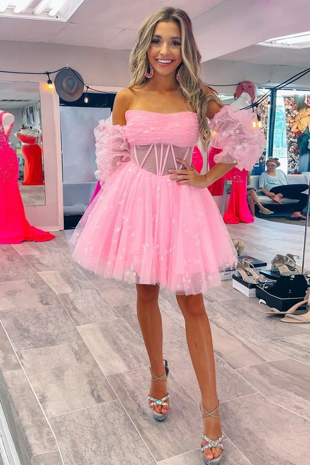Pink Homecoming Dresses Corset Detachable Sleeves A-Line Tulle Prom Dress