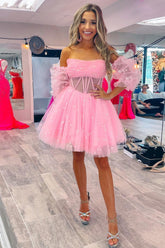 Pink Homecoming Dresses Corset Detachable Sleeves A-Line Tulle Prom Dress