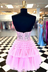 Pink Homecoming Dresses Corset Tiered Short A-Line Tulle Prom Dress with Lace