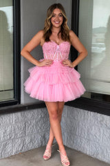 Pink Homecoming Dresses Corset Tiered Short A-Line Tulle Prom Dress with Lace