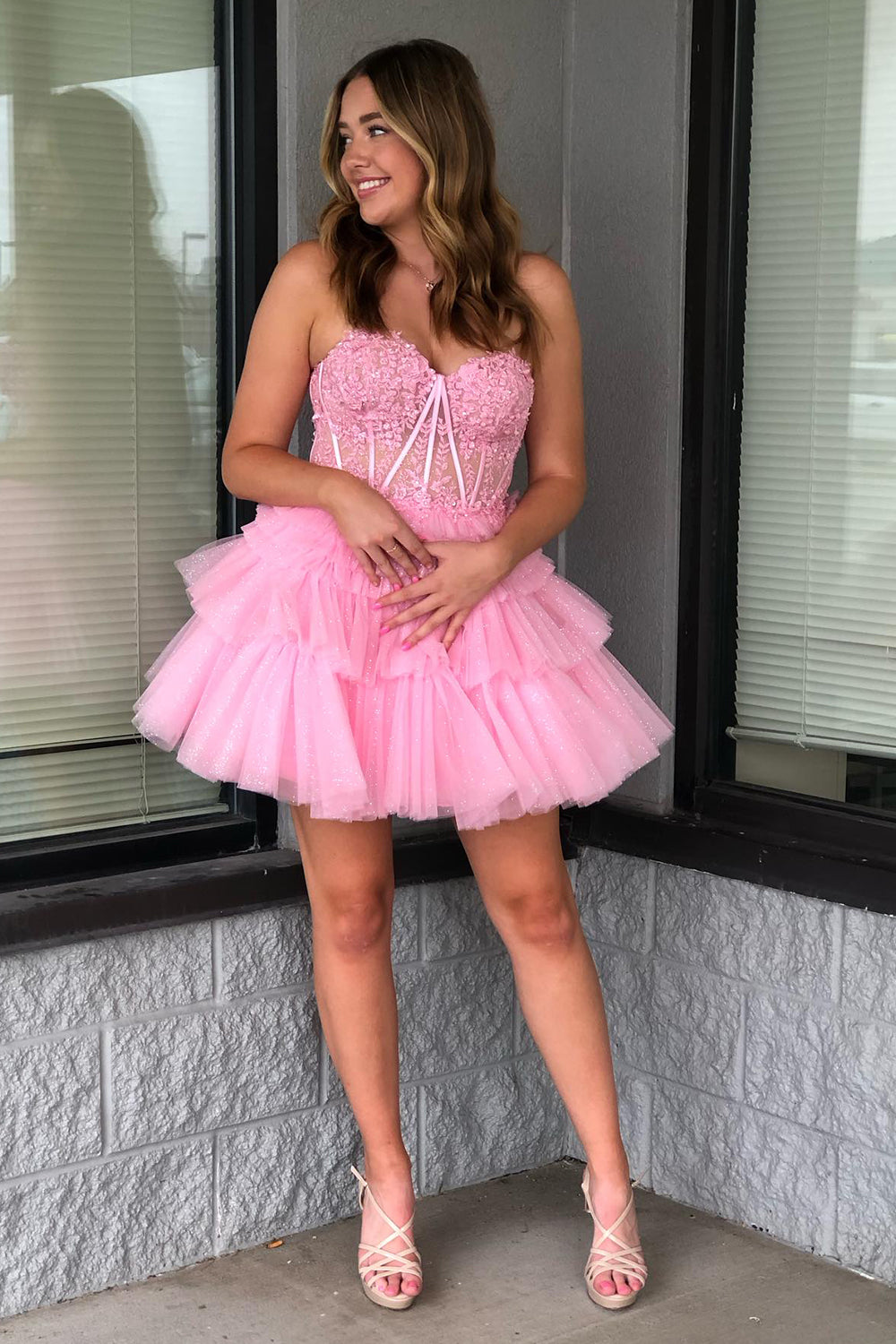 Pink Homecoming Dresses Corset Tiered Short A-Line Tulle Prom Dress with Lace