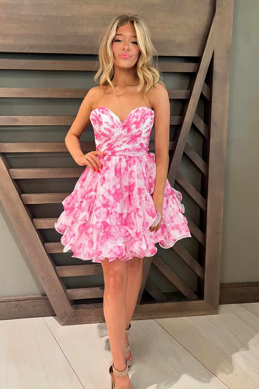 Pink Homecoming Dress Floral A Line Tiered Short Prom Dress Suzhoufashion Pink Homecoming Dress Floral A Line Tiered Short Prom Dress Suzhoufashion