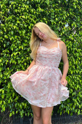 Pink Homecoming Dresses Floral Print A-Line Short Cocktail Dresses