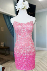 Pink Homecoming Dresses Ombre Sequin Tight Short Cocktail Dresses