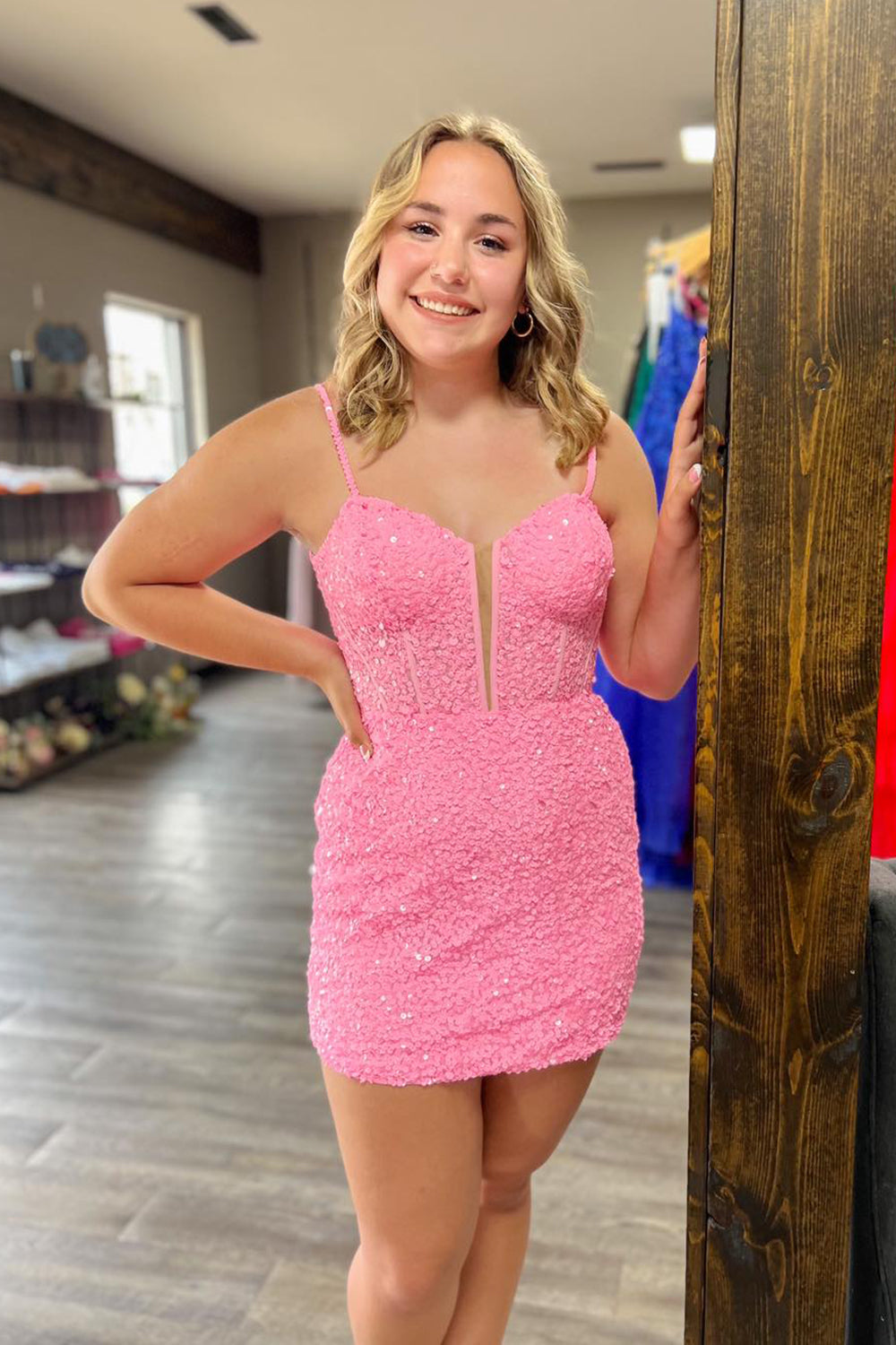 Pink Homecoming Dresses Sequin Corset Tight Short Cocktail Dresses