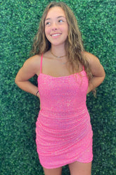 Pink Homecoming Dresses Sequin Open Back Tight Short Cocktail Dresses