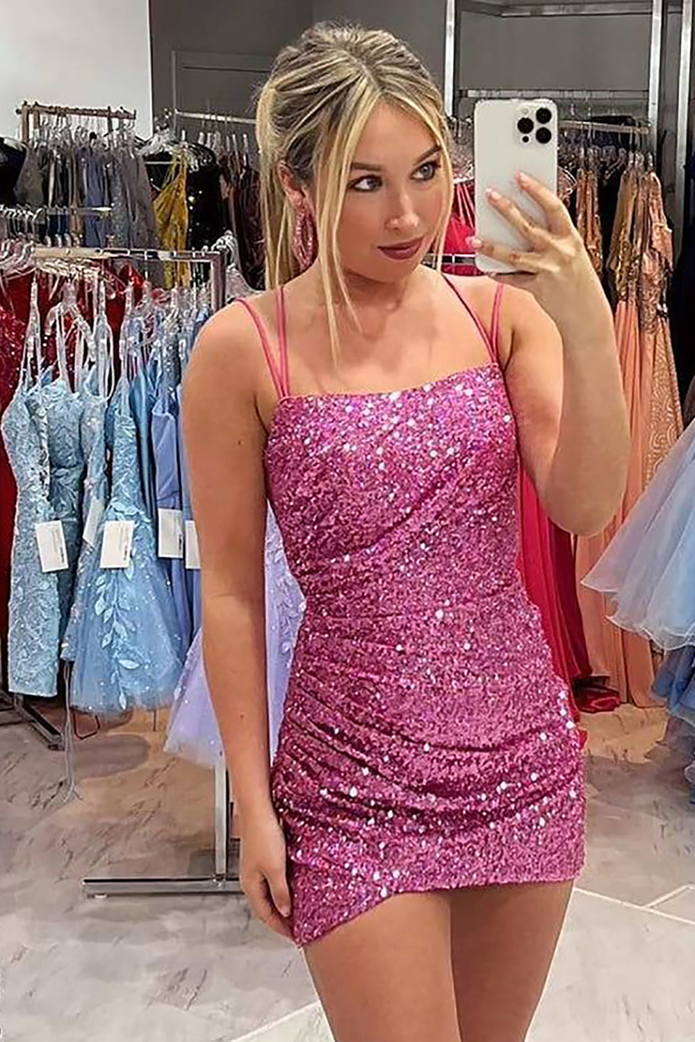 Pink Homecoming Dresses Sequin Spaghetti Straps Sleeveless Tight Short Cocktail Dresses