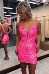 Pink Homecoming Dresses Spaghetti Straps Backless Tight Sequin Short Cocktail Dresses