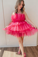 Pink Homecoming Dresses Strapless A-Line Tiered Tulle Short Cocktail Dresses