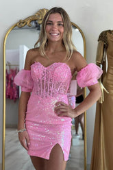 Pink Homecoming Dresses Tight Corset Sequined Short Cocktail Dresses with Lace