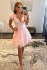 Pink Homecoming Dresses V-Neck A-Line Short Hoco Dress with Feathers