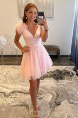 Pink Homecoming Dresses V-Neck A-Line Short Hoco Dress with Feathers