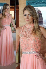 Pink Lace Chiffon Bridesmaid Dress High Neck Evening Dress with Crystal Belt