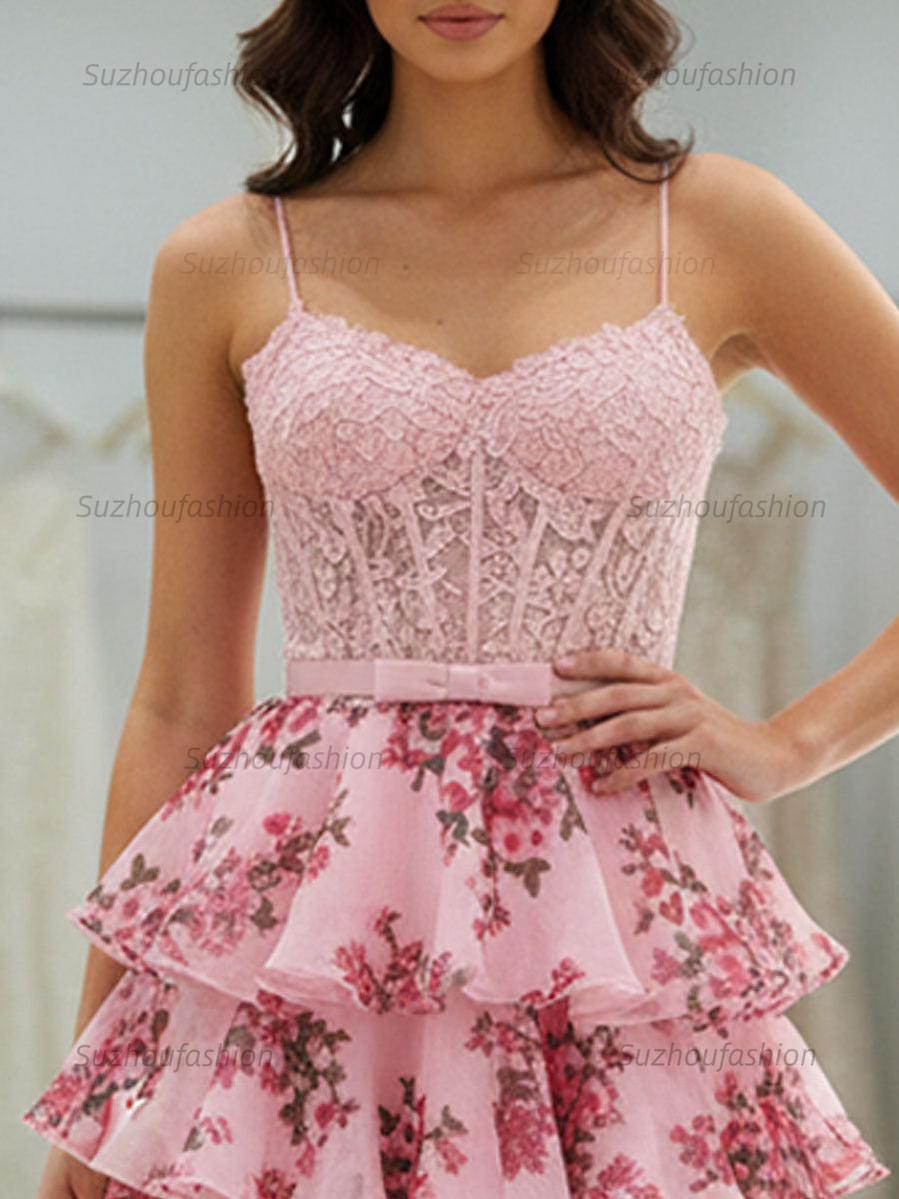 Pink Lace Corset Floral Tiered Ruffle Short Homecoming Dress