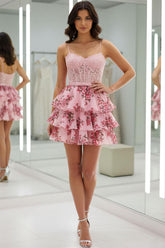 Suzhoufashion Pink Lace Corset Floral Tiered Ruffle Short Homecoming Dress